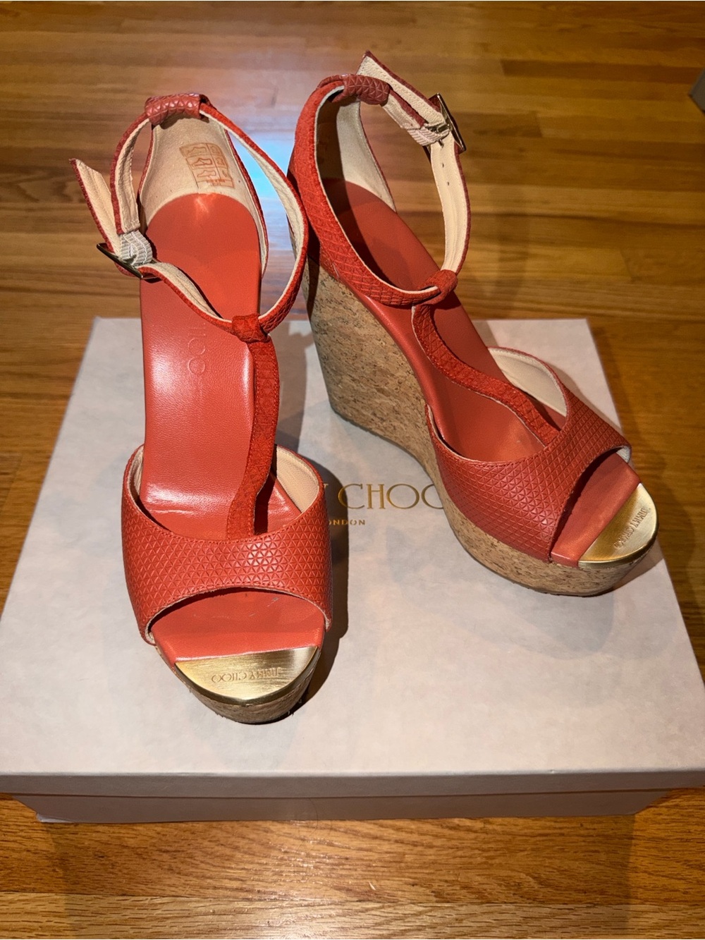 Jimmy Choo Pela Coral-Red Cork Wedge Sandals with Ankle Strap